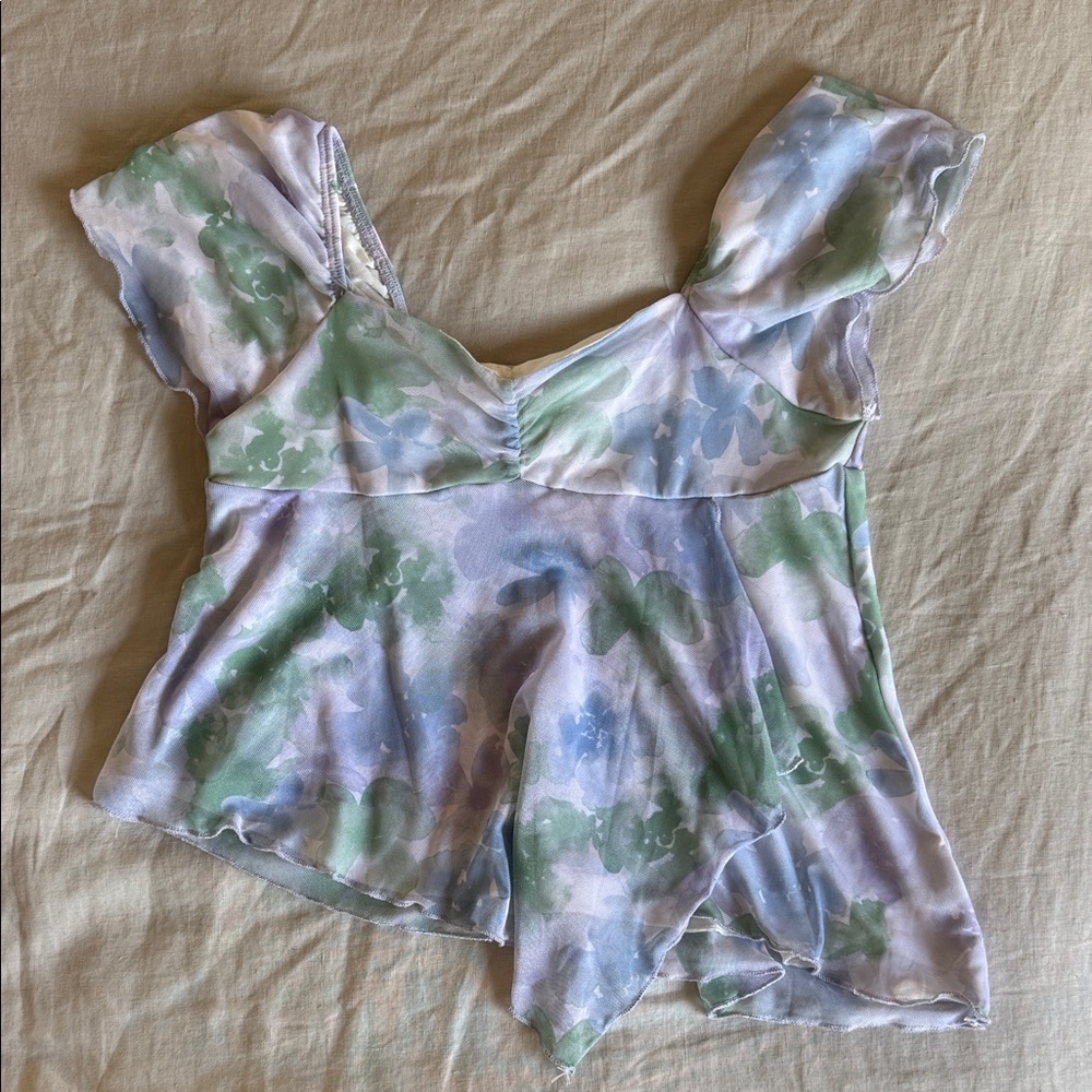 Full Tilt Watercolor Blouse in Blue and Green/ Asymmetrical
